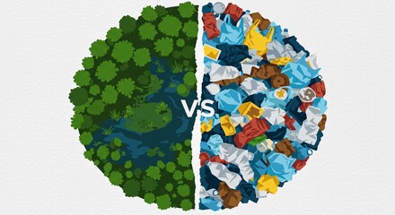 This image visually contrasts a healthy natural environment with a half filled with garbage and pollution. It highlights the impact of waste on the planet.
