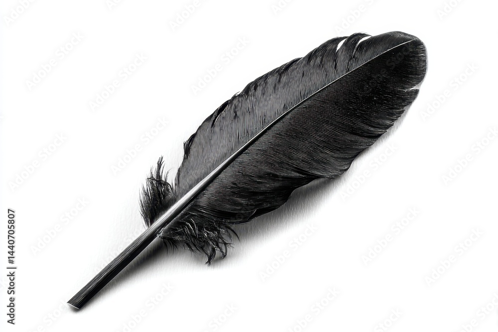 Aufkleber elegant black feather lying on a clean white surface showcasing intricate details and textures in mo