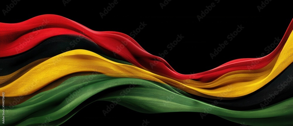 Poster abstract flowing fabric in red black yellow and green colors on a black background creating a dynami