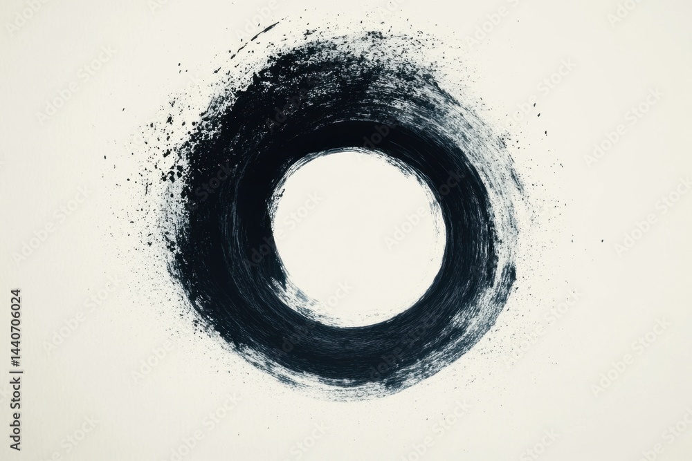 Poster abstract art of a black ink circle on white paper creating a zen like feeling with a brushstroke sty