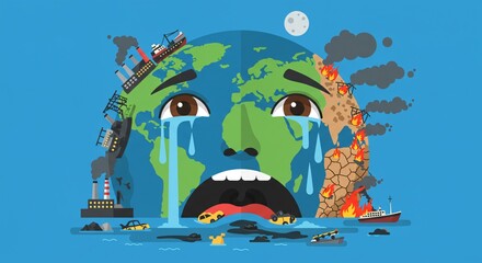 A cartoon Earth with a sad face cries as it is consumed by pollution, fire, and environmental destruction. Factories, oil spills, wildfires, and droughts illustrate the global ecological crisis.

