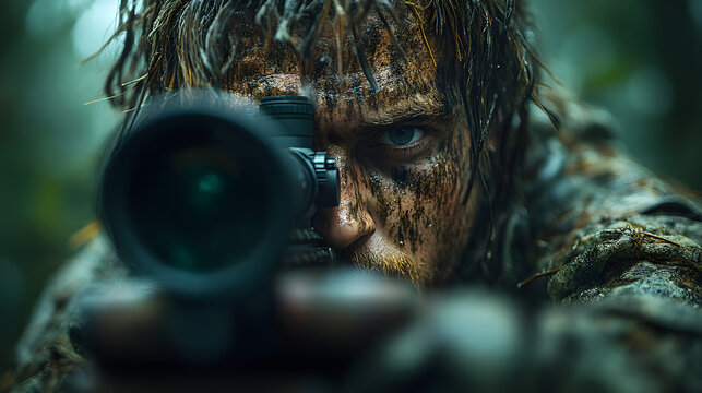 Sniper in ghillie suit aiming through a scope in rainy forest, symbolizing stealth and precision
