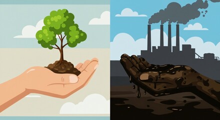 A powerful visual contrast between sustainability and industrial pollution. One hand holds a healthy tree, while the other drips with oil in front of a factory.