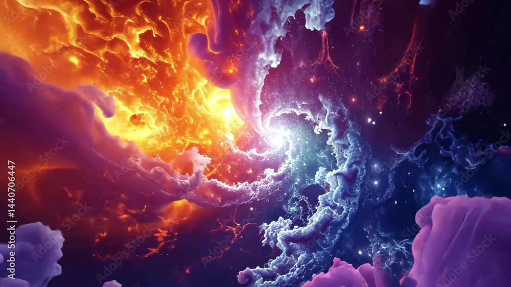 Poster fractal patterns emerge from cosmic fog as vibrant colors swirl together, creating a stunning celest