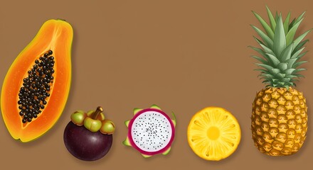 Exotic Fruits Still Life Featuring Pineapple, Papaya, and Mangosteen