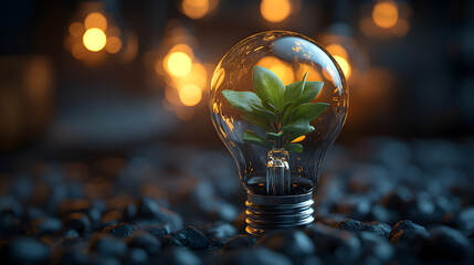 Light bulb with green plant inside, symbolizing eco-innovation and green ideas
