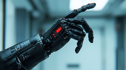 A close-up of a sleek, black robotic hand with mechanical fingers extended in a modern, high-tech environment.