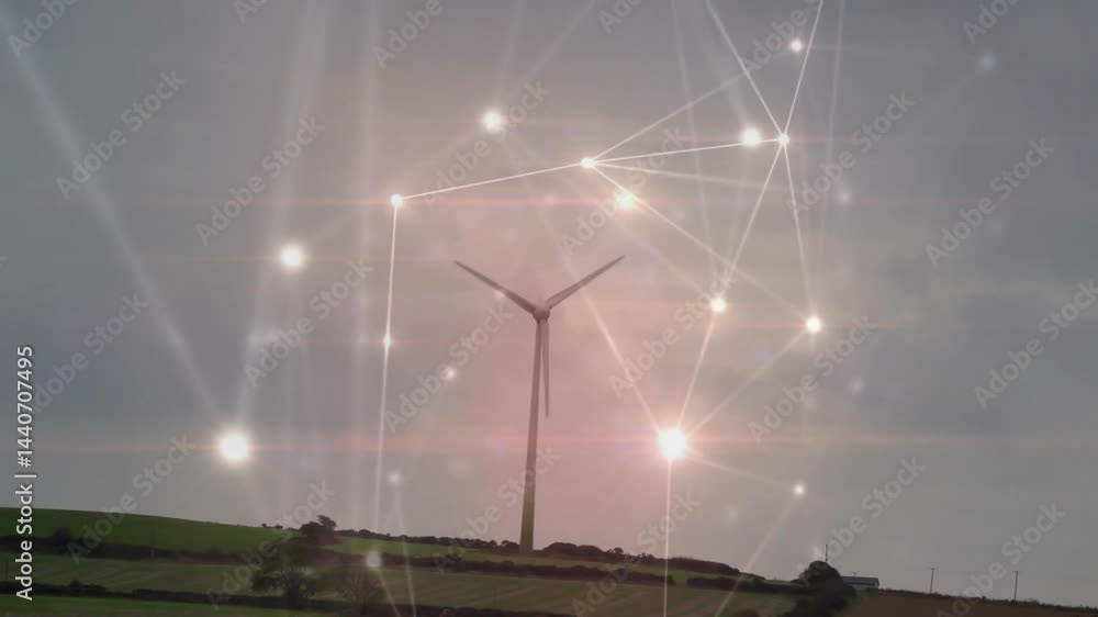 Poster wind turbine rising over fields, showing glowing network nodes linking across sky, flat design