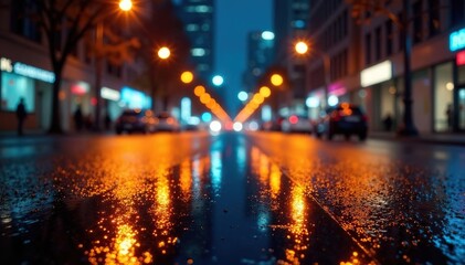 Fototapeta premium Abstract late-night city lights reflecting on wet pavement, evening, reflection, street