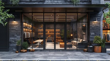 Stylish grey brickwall boutique facade mockup template, with a sophisticated blend of brick and metal finishes, featuring glass door entrance 