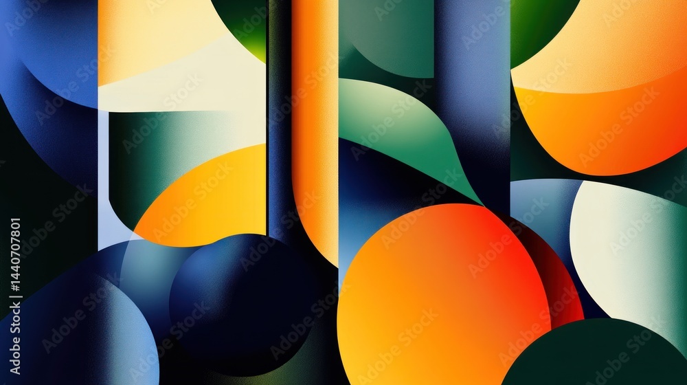 Poster abstract geometric background with vibrant overlapping circles and shapes in a dynamic composition.