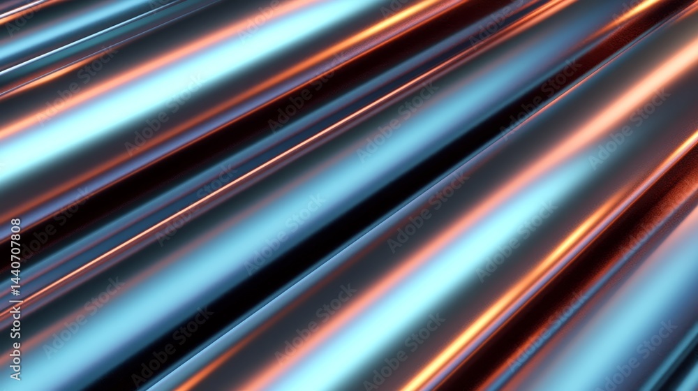 Poster abstract metallic tubes with dynamic light reflection in red and blue tones