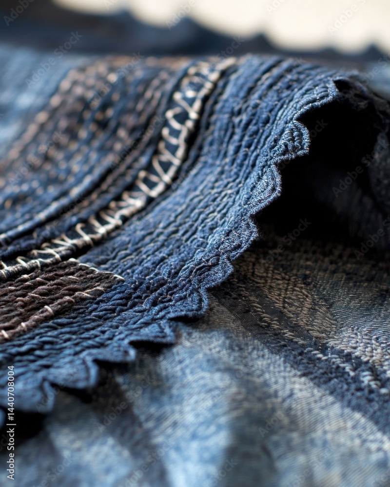 Poster detailed texture of a folded indigo dyed fabric with intricate patterns and delicate stitching creat