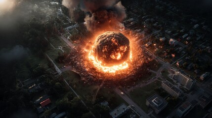 Meteor impact in urban area with fiery explosion and smoke over cityscape