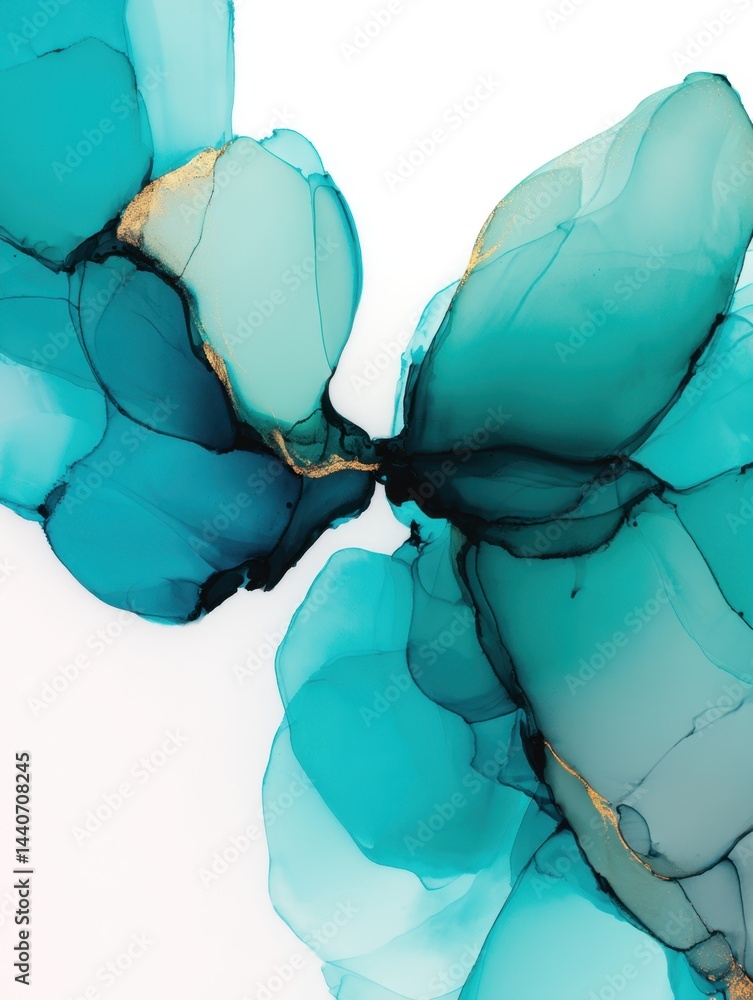 Poster abstract teal and gold ink flow art on white paper background creating a ethereal and modern visual 