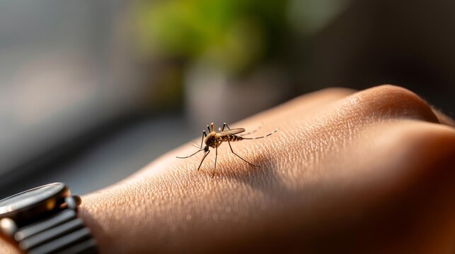 A mosquito is on a person's arm