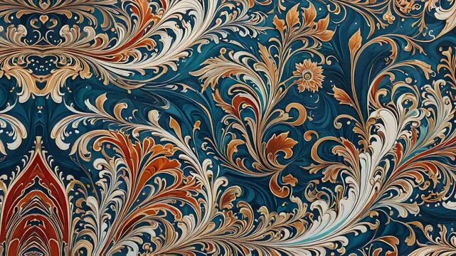 An intricate classic batik pattern with touches of gold and bronze on a dark blue background.