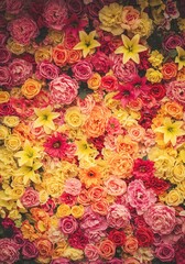 Flower Wall Display with Roses and Lilies, Colorful Floral Arrangement