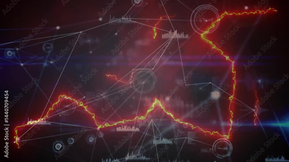 Poster animated interface displaying glowing red haiti outline, highlighting data nodes and bar charts