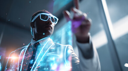 African male adult engaging with holographic interface in futuristic setting