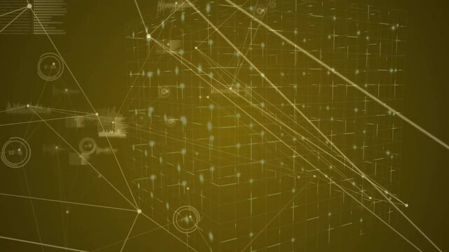 Central network showing 3D grid lattice with glowing nodes, yellow beams and HUD icons