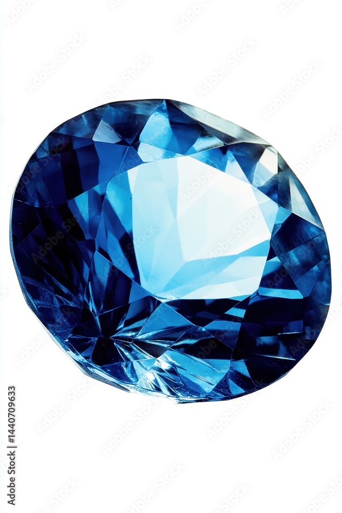 Poster captivating gemstone shot on white background displaying the intricate facets and vibrant blue color