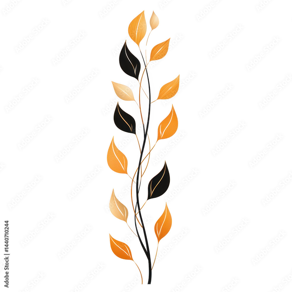 Poster vertical illustration of stylized branch with golden and black leaves, showcasing elegant and modern