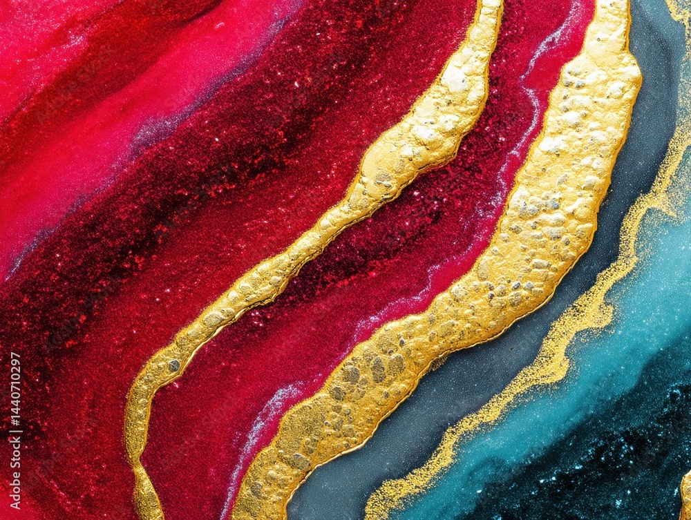 Poster abstract acrylic fluid art painting with red teal and gold color blend creating a captivating visual