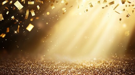 gradient gold backgrounds confetti copy space Gold gradient background with shimmering gold confetti, ample space for text or design elements, ideal for luxury or celebration themes