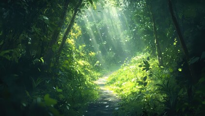 Obraz premium Sunlight streams through lush, vibrant jungle foliage, illuminating a path. Lush greenery, sunlight, and a trail through dense foliage create a peaceful and mysterious scene