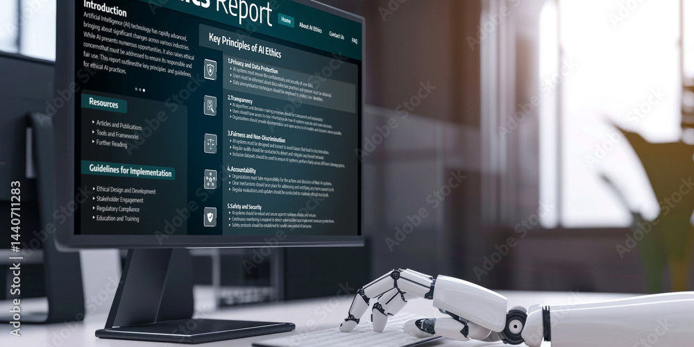 Poster ai ethics responsibility standard law and rules on computer screen provide report of ai ethic transp