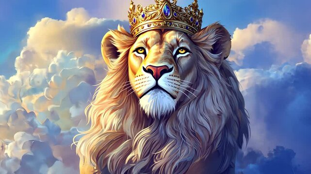Majestic lion king rising through clouds in royal journey