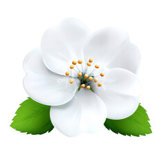 Delicate white flower with green leaves and yellow stamens, showcasing nature beauty and simplicity. petals are soft and smooth, creating serene and peaceful image
