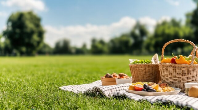Hangout Area Concept, Sunny Picnic in Public Park with Blankets, Fresh Food, and Relaxing Ambiance for Outdoor Gatherings