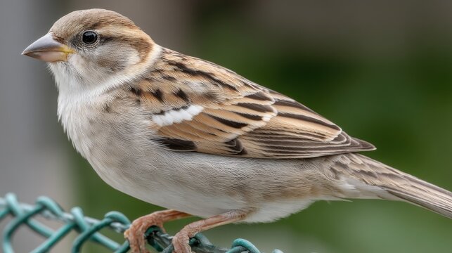 Close-up view of a small sparrow perched on a green chain-link fence amidst a soft, neutral background in high-resolution detail - Powered by Adobe