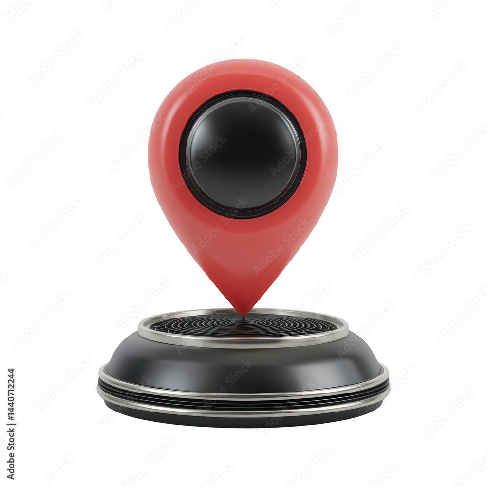 Poster red location pin icon stands on black and silver base, symbolizing navigation and direction. design 