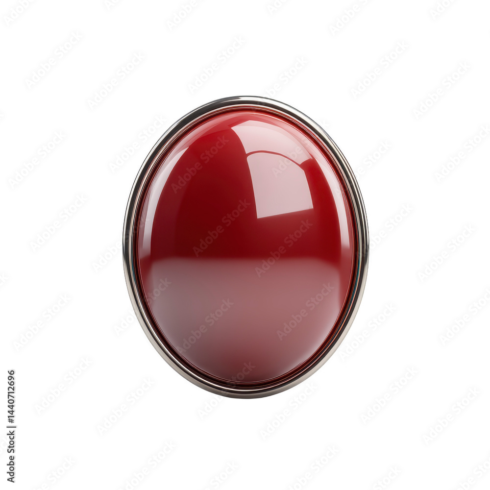 Poster shiny red button with reflective surface and metallic rim, isolated on transparency background, conv
