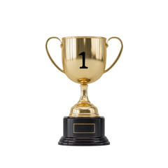 Shiny gold trophy with number one displayed prominently, symbolizing victory and achievement. trophy has two handles and is mounted on black base, conveying sense of accomplishment