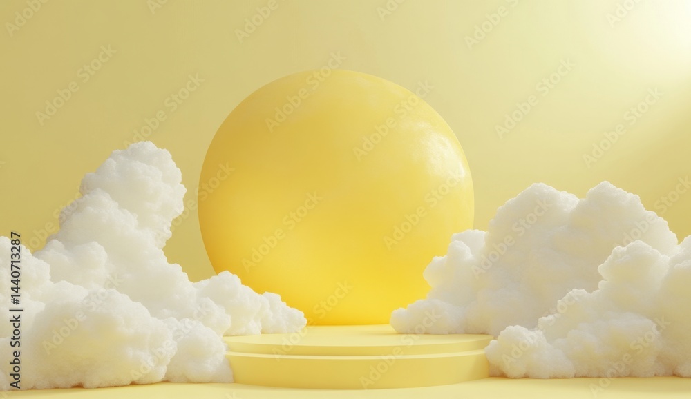 Poster pastel yellow scene with round object and soft clouds