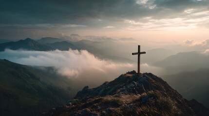Cross on the Summit: A serene mountain vista unfolds as a wooden cross stands steadfastly atop a rugged peak, bathed in a soft, ethereal light amid a dramatic skyscape.