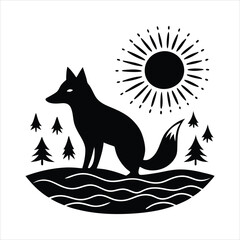 Sun and river fox silhouette vector illustration