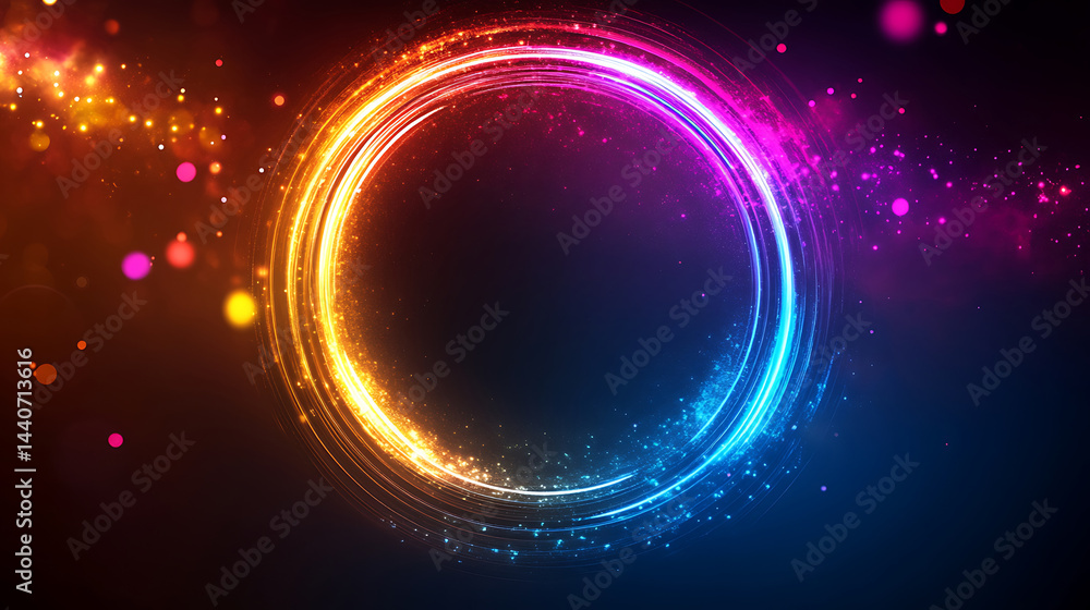 Poster abstract circular light trails with vibrant colors and sparkling bokeh effects perfect for modern gr