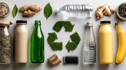 Eco-friendly lifestyle: reusable bottles, natural ingredients, and recycling symbol for sustainability
