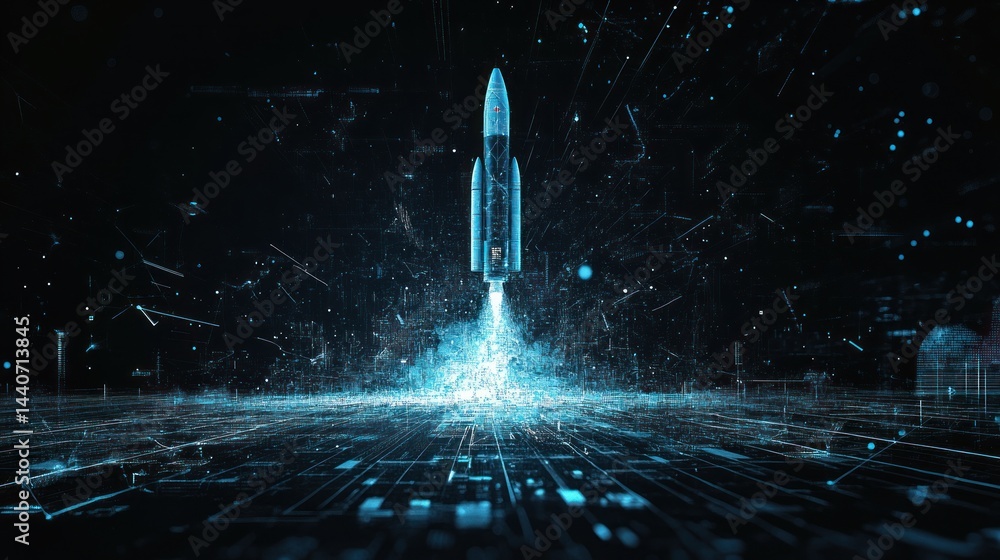 Poster futuristic rocket launching into space, digital data streams.
