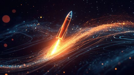 Fiery rocket launching through glowing nebula, digital art.
