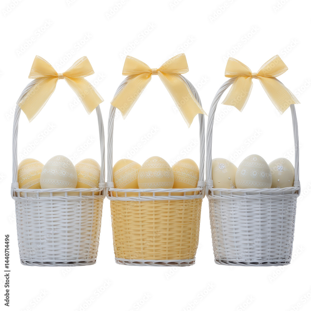 Poster three white wicker baskets with yellow bows hold decorated easter eggs, creating festive and cheerfu