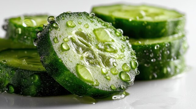 a fresh green cucumber sliced into rounds on a white isolated background, healthy and crisp design