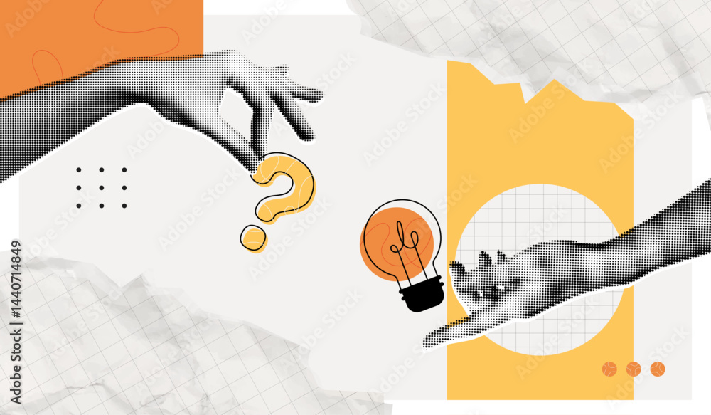 Poster trendy halftone collage problem solving concept. two hands hold lightbulb and question mark. busines