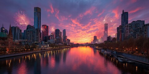 Obraz premium Vibrant fireworks over river with stunning skyline at sunset