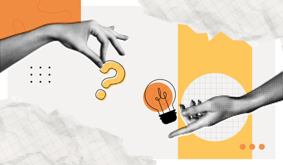 Trendy Halftone Collage Problem solving concept. Two hands hold lightbulb and question mark. Business solution. Creative mind or brainstorm. Ask for reply. Contemporary vector illustration art